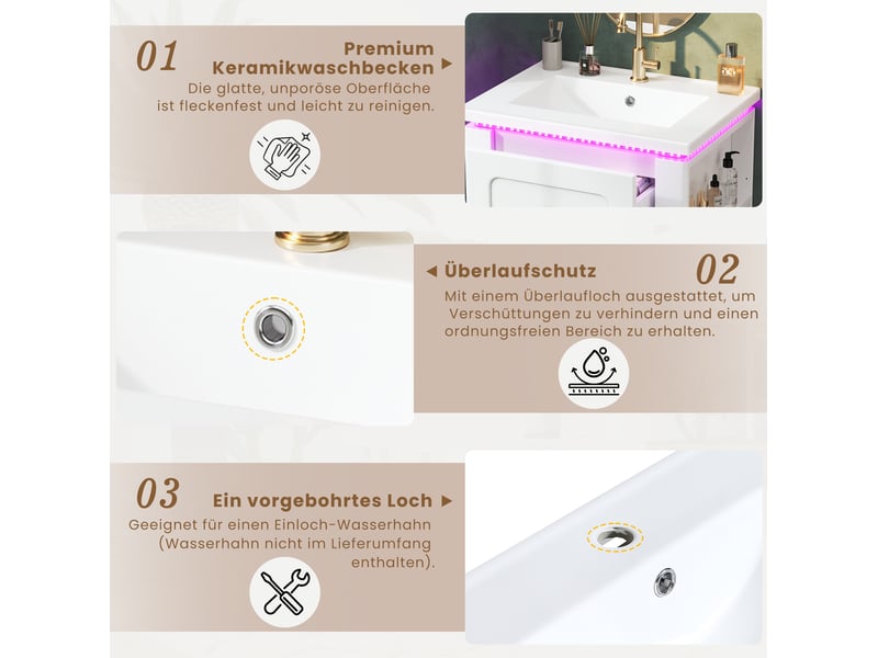  Meuble sous vasque avec 2 tiroirs, niche réglable, led et vasque en céramique pour salle de bain blanc 61 × 47 × 50 cm  - Conforama E