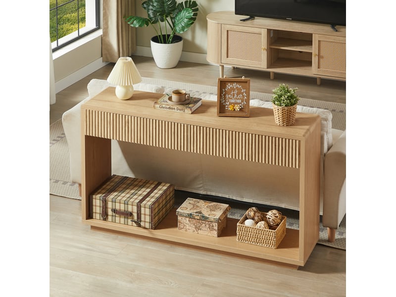  Console d'entrée 150 cm à finition bois clair, avec 2 tiroirs et étagère ouverte, design moderne pour le couloir  - Conforama E