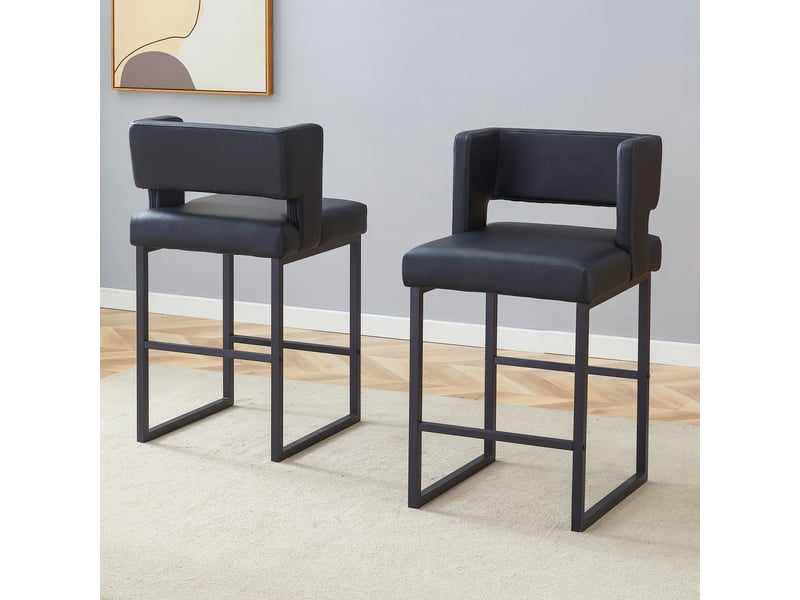  Lot de 2 tabourets de bar 49.5x41.4x91.4cm – design carré moderne et confortable avec sièges en cuir - pieds en métal noir - noir  - Conforama E