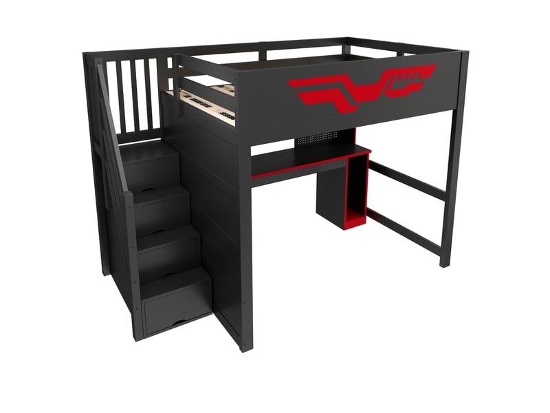 Lit mezzanine gaming 140x200 cm, avec bureau, escalier de rangement, éclairage led et port usb, noir evarich - Conforama D