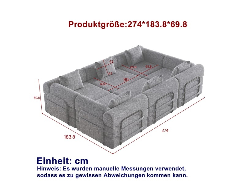 Canapé-lit modulable convertible 2-en-1, 6 places 274x183,8x69,8 cm, espace de rangement, accoudoir métal, chenille, gris - Conforama C