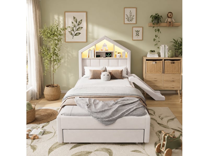 Lit cabane enfant modenvie 90 x 200 cm beige avec toboggan montable à gauche ou à droite, led et rangement - Conforama E