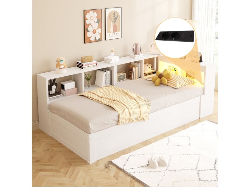  Modenvie lit coffre 1 place 90x200 cm - avec led, prise integrée et rangements - pour petit espace - blanc  - Conforama E