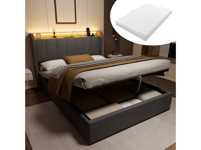  Lit rembourré 140 × 200 cm 2 places avec matelas et veilleuse, lit pour enfant avec prise électrique et coffre de rangement, grand espace de rangement, gris foncé  - Conforama B