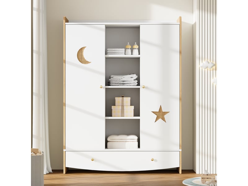 Armoire enfant 120 x 50 cm avec 2 portes, tiroir, 2 penderies et grand rangement, décor rotin, design bicolore moderne pour chambre d’enfant - blanc et effet bois OPULERANE TRADING LTD - Conforama E