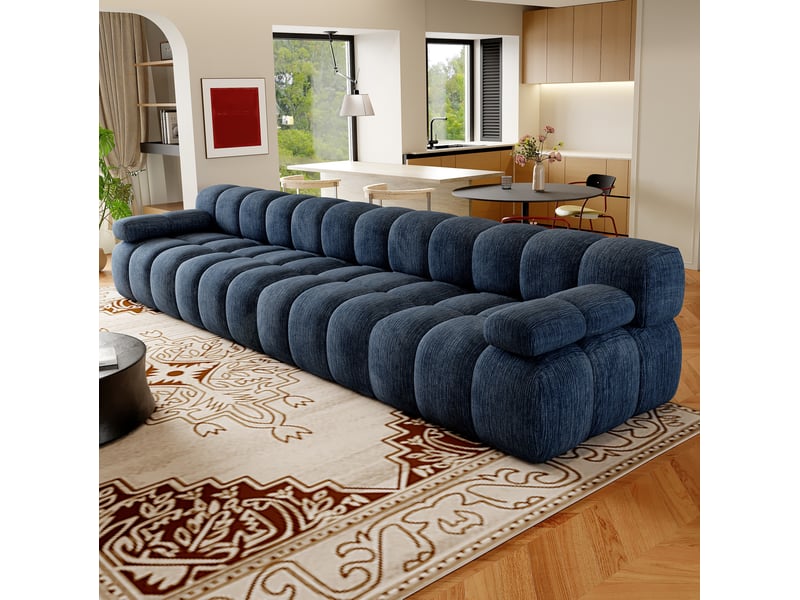  Canapé 4 places compressé 400x100x68 cm en mousse douce et tissu couleur bleu, design moderne  - Conforama E