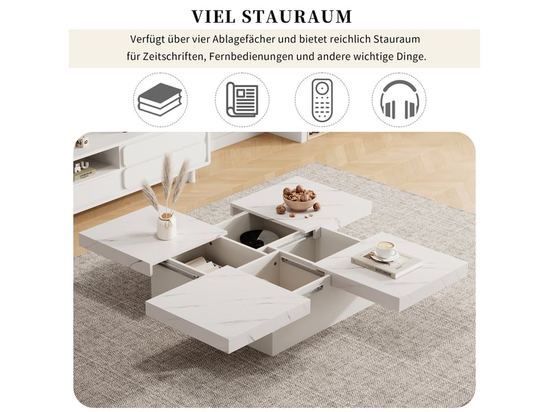  Table basse contemporaine carrée blanche 90x90 cm effet marbre, plateau coulissant, 4 tiroirs - design moderne  - Conforama E
