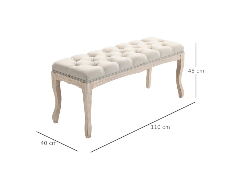  Banc de lit capitonné vintage 110 x 40 x 48 cm beige, tissu aspect lin et bois d'hévéa, pour chambre  - Conforama C