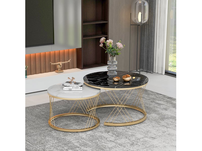  Lot de 2 tables basses gigognes rondes 70x4545x40 cm effet marbre noir et blanc  - Conforama D
