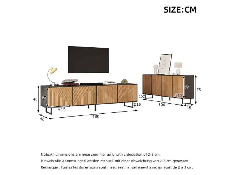 Ensemble de meuble tv et buffet naturel 180x40x50 cm et 160x40x75 cm, 4 portes, accents noirs  - Conforama E