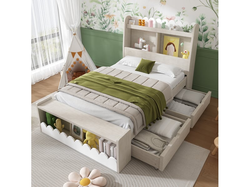  Modenvie lit enfant 90x200 cm - avec tiroirs, etageres et banc coffre, sans matelas - blanc  - Conforama B