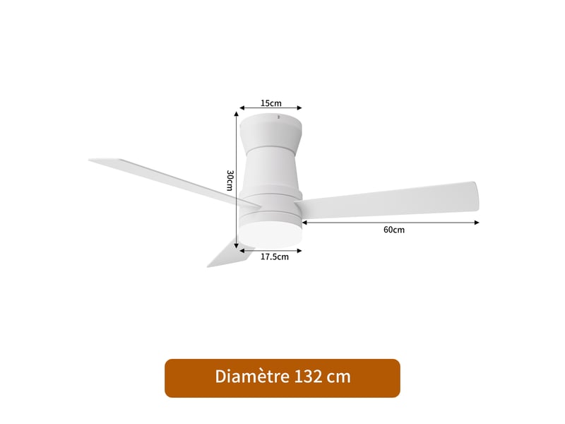  Ventilateur de plafond avec éclairage led, 6 vitesses de ventilation, blanc, 52 ​​pouces - 3 pales  - Conforama C