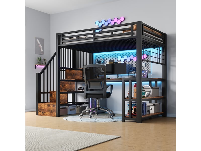 Lit mezzanine enfant 90x200 cm avec bureau intégré, rangements, led et ports usb, structure métal et mdf noir et blanc - Conforama E