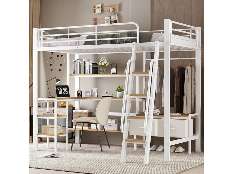  Lit mezzanine enfant en métal et mdf blanc naturel 90x200cm avec bureau, étagère, 2 boîtes tissu et échelle  - Conforama D