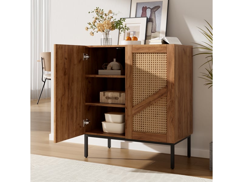  Buffet 2 portes avec pe-rotin, 2 étagères réglables, effet bois naturel, 70 x 38,5 x 80 cm  - Conforama E