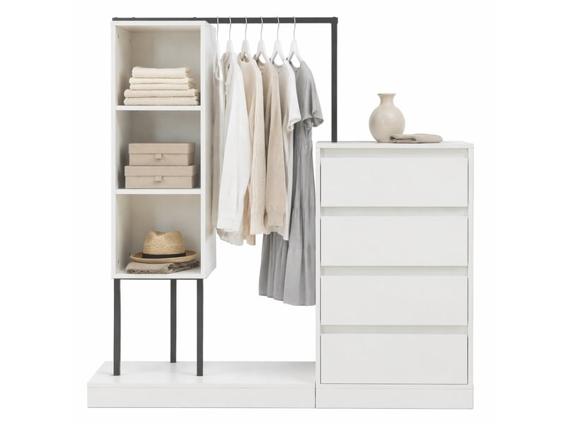  Armoire à chaussures blanc avec penderie, tiroirs et vitrine, design minimaliste  - Conforama A