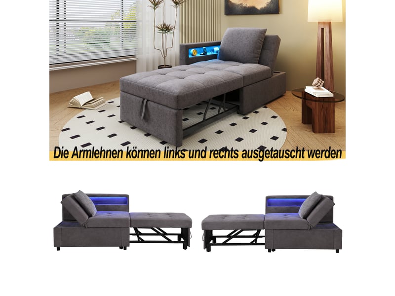  Canapé-lit 3 en 1 en lin gris foncé, dossier réglable, led et ports usb-type-c, convertible pour petits espaces  - Conforama E