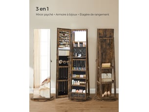 Armoire à bijoux avec miroir sur pieds verrouillable avec 6 led rangement bijoux pivotant à 360° miroir psyché sans cadre 3 étagères de rangement marron 12_0003930