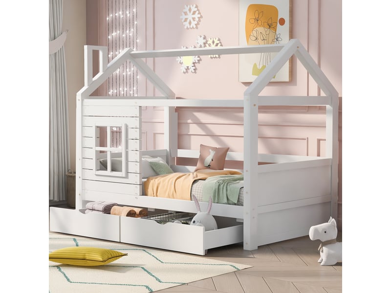  Lit enfant simple 90x200 cm cabane avec 2 tiroirs et barrière, pin, blanc, sans matelas  - Conforama W