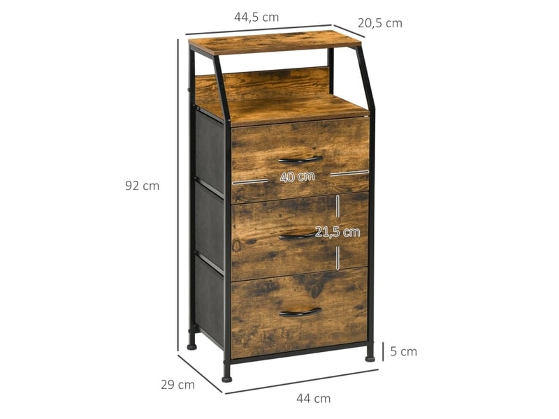  Commode de rangement en tissu à 3 tiroirs avec étagères et cadre en acier marron rustique  - Conforama D