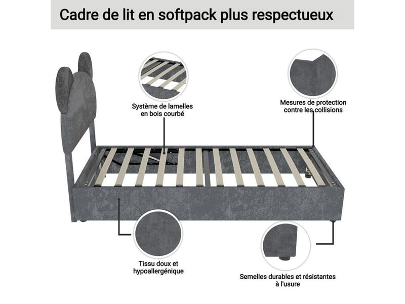  Lit enfant capitonné - 90x200 cm - gris - tête de lit dessin animé - rangement pneumatique 90x200x133cm - Conforama D