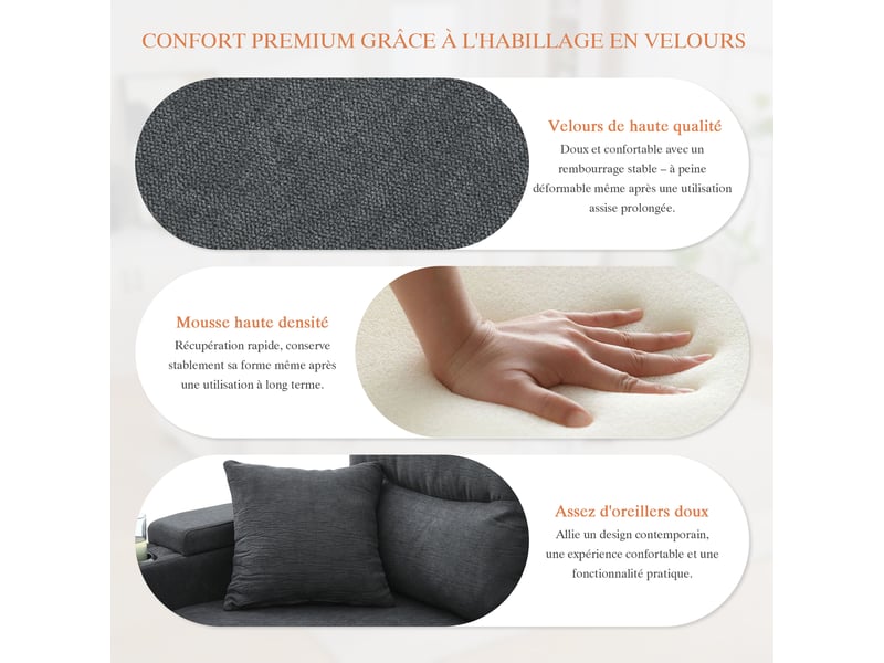  Canapé droit 4 places en tissu, chaises longues des deux côtés, rangement, porte-gobelets, ports usb et fonction lit, gris foncé, pour salon  - Conforama D