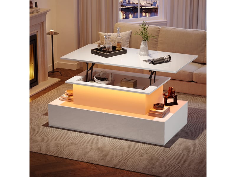  Table basse led 90x55x41 cm avec plateau relevable et rangement caché, table de salon à 4 tiroirs sans poignées, panneau de particules, blanc brillant OPULERANE TRADING LTD - Conforama B