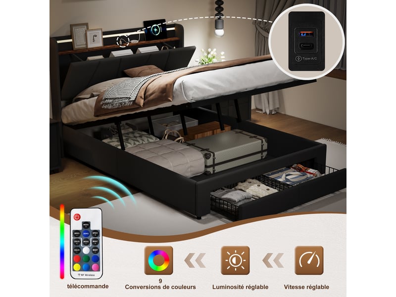  Lit double 160x200 cm avec coffre et 2 tiroirs, lit 2 places rembourré en lin avec tête de lit led, port usb et type-c, sommier à lattes, sans matelas  - Conforama E