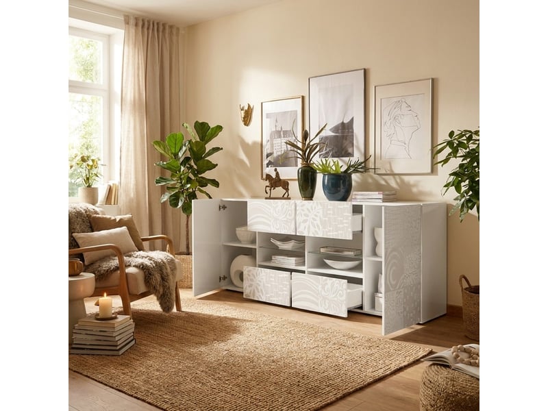 Buffet bahut de salon 2 portes 4 tiroirs miro - blanc  - Conforama C