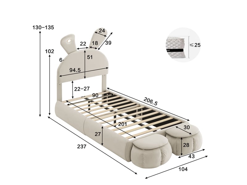  Lit enfant 90x200 cm, lit simple avec tête de lit oreilles de lapin et led réglable, structure en bois et velours avec 2 poufs de rangement, beige  - Conforama E