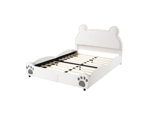 Lit enfant 140x200 capitonné blanc, lit forme ours en velours, sans matelas