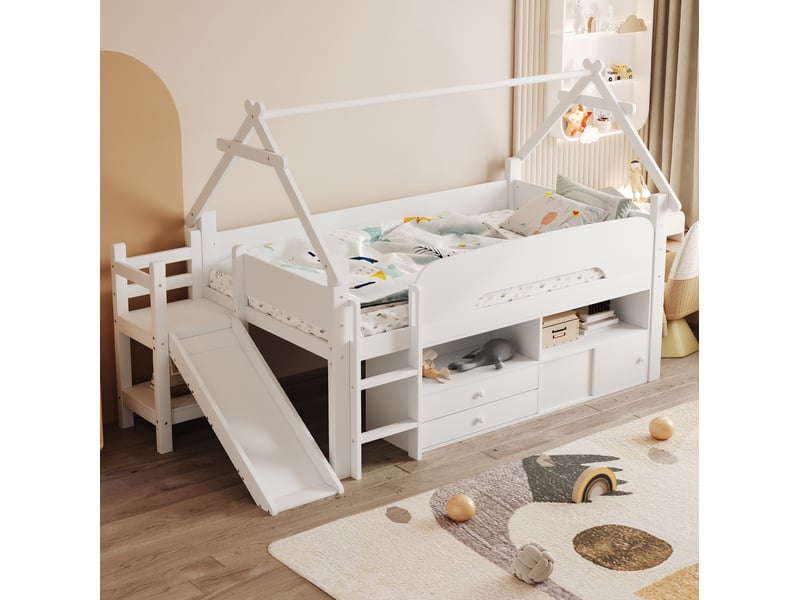 Lit enfant surélevé 90x200 cm avec toboggan, rangements et cadre cabane blanc  - Conforama D