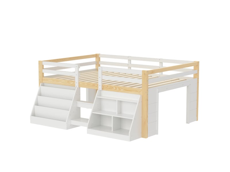 Lit surélevé 140 x 200 cm avec led via application et rangements ouverts, lit double en pin blanc et naturel avec garde-corps et échelle - Conforama E