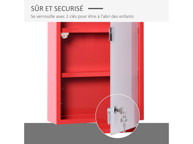  Armoire à pharmacie 3 étagères 4 niveaux verrouillable porte verre dépoli trempé logo croix 30l x 12l x 60h cm acier rouge  - Conforama E