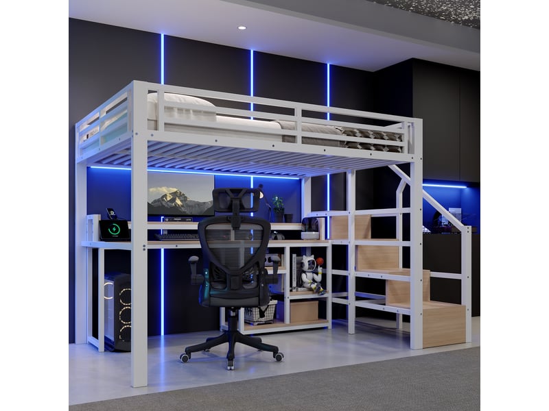 Lit mezzanine 140x200 cm, structure en métal et bois, coloris blanc, rangements intégrés, éclairage led, ports usb et usb-c, échelle fixe - Conforama B