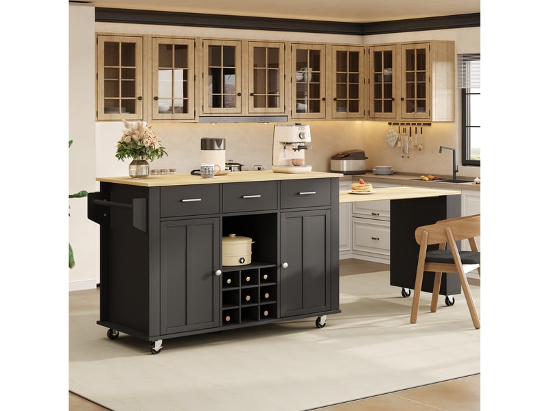 Îlot de cuisine avec plan de travail extensible, desserte de cuisine à roulettes avec 3 tiroirs, casier à vin et prises usb, noirchêne - Conforama R