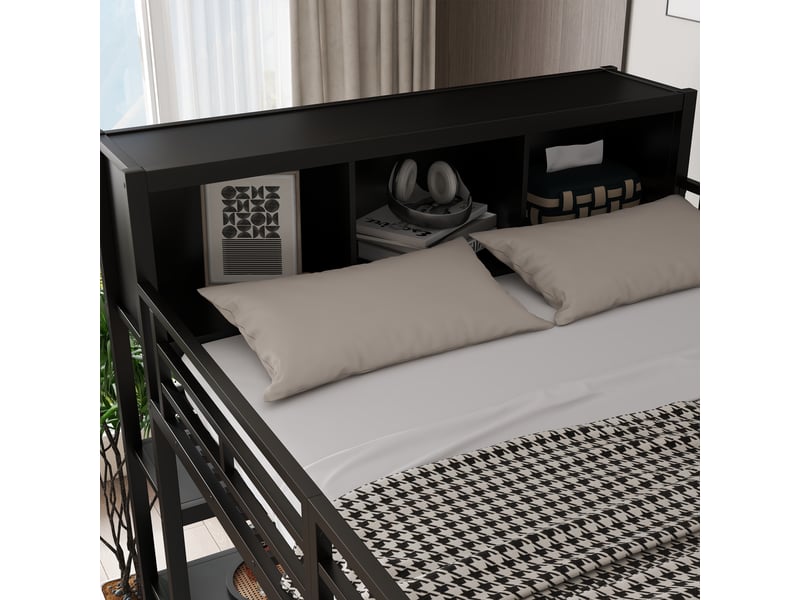  Lit surélevé en métal 140 × 200 cm, avec plusieurs étagères, armoire et bureau, compartiments de rangement au niveau supérieur, adapté aux adolescents, noir  - Conforama D