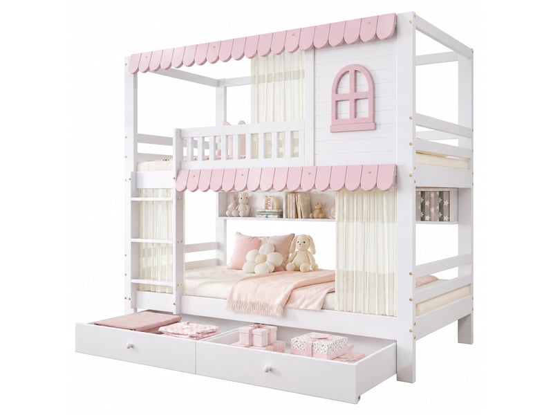 Lit superposé enfant 90x200 cm – blanc et rose – 2 tiroirs à roulettes, étagères et rideaux - sans matelas - Conforama A