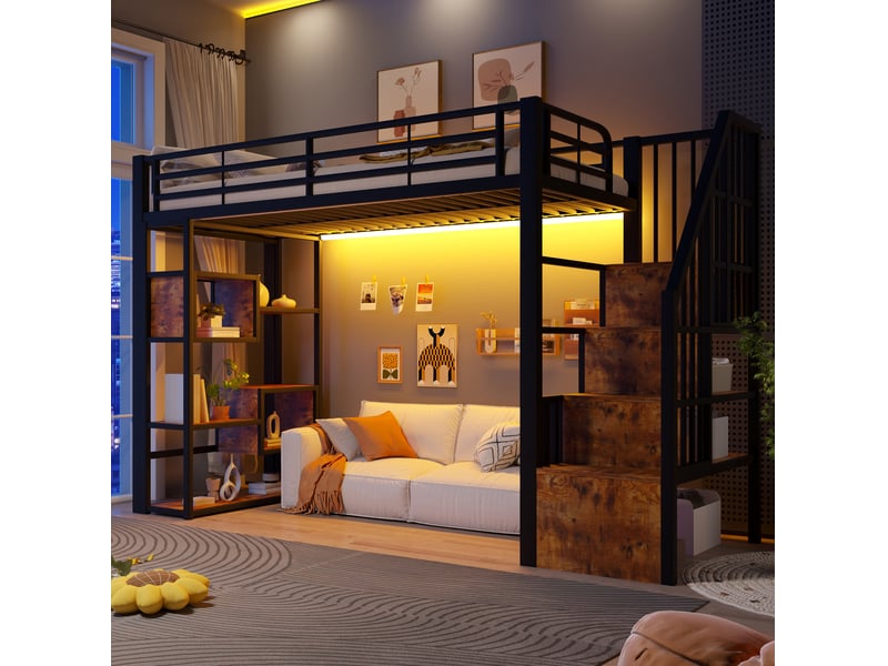  Lit mezzanine 90x200 cm, escalier avec rangements et led, en métal, noir, sans matelas  - Conforama B