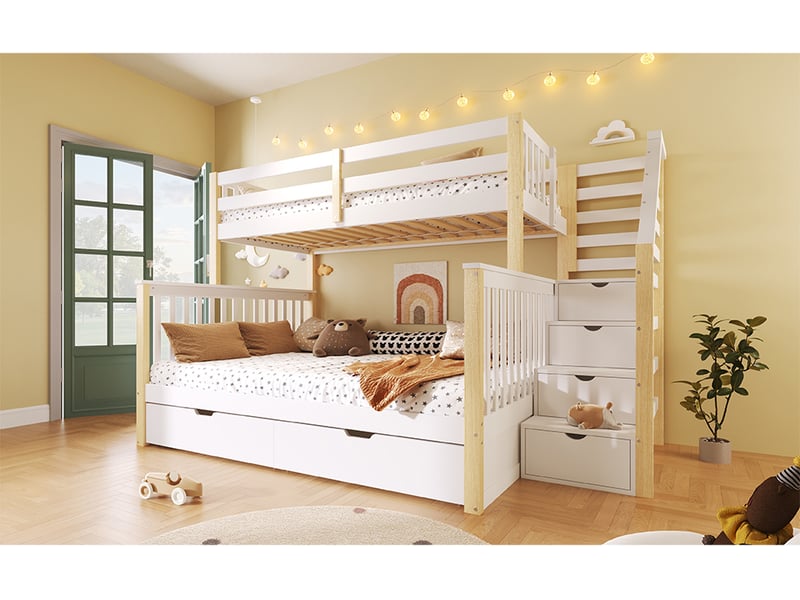  Lit superposé 90x200 cm en bois de pin avec tiroirs de rangement - bicolore  - Conforama C