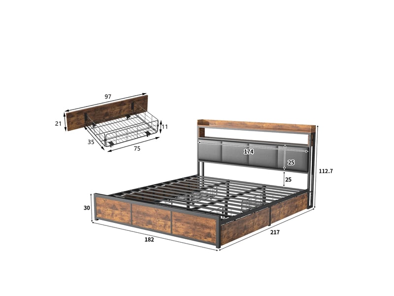  Lit double 180x200 cm avec 4 tiroirs et led, lit adulte avec cadre en métal, style industriel, noir  - Conforama E