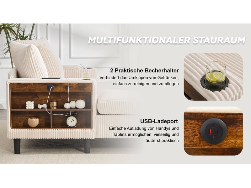  Canapé convertible en velours côtelé beige avec coffre intégré, led multicolore et porte-gobelets, 129x170 cm  - Conforama W