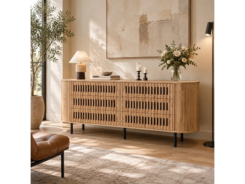 Buffet 160x40x70 cm, 6 tiroirs, design lames ajourées, mdf, pieds métal, charge 70 kg, naturel - Conforama B