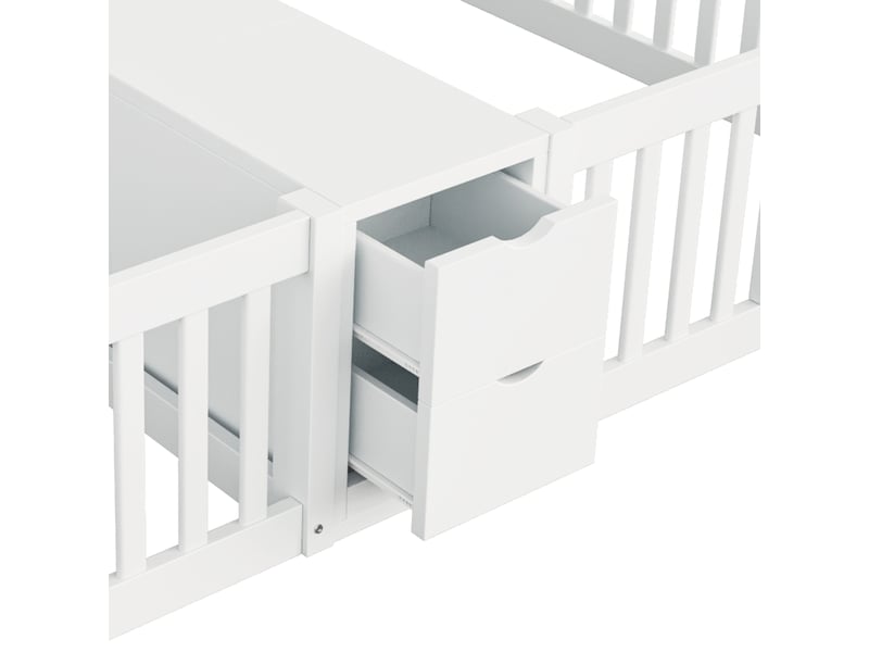  Lit enfant en bois 90x200 cm, lit double avec tiroir et étagère, cadre de lit avec barrière de sécurité, design au sol, blanc  - Conforama C