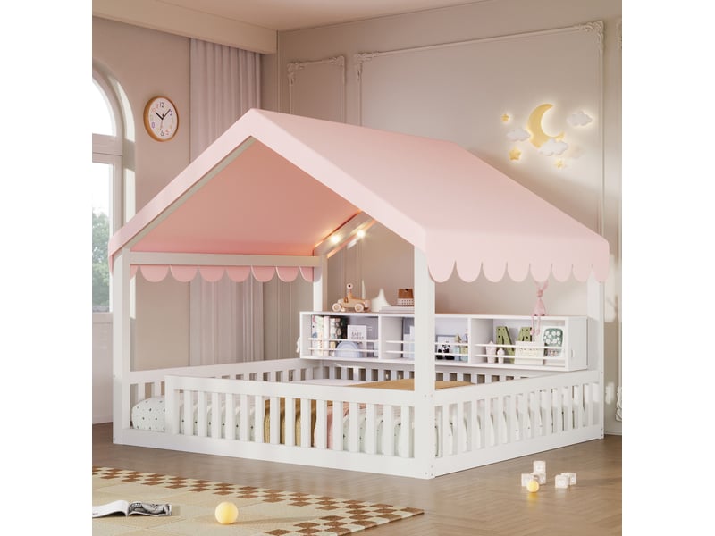  Lit cabane enfant 140 × 200 cm avec led, bibliothèque et barrière de sécurité, sans matelas, blanc  - Conforama C