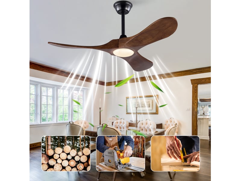 Ventilateur de plafond avec lumière 42 pouces, 3 pales en bois foncé, moteur dc silencieux, 6 vitesses réversibles - Conforama E