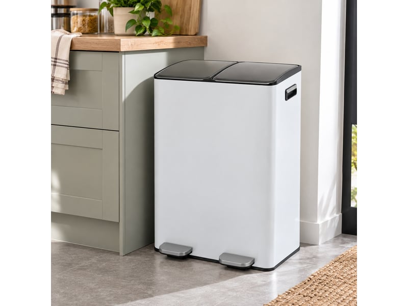 Poubelle de tri sélectif rectangulaire 60l (2x30l) à double compartiment en métal blanc anti-traces avec deux pédales indépendantes - longueur 45 x profondeur 36 x hauteur 71,5 cm  - Conforama B