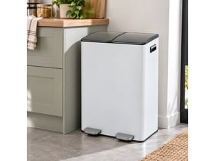 Poubelle de tri sélectif rectangulaire 60l (2x30l) à double compartiment en métal blanc anti-traces avec deux pédales indépendantes - longueur 45 x profondeur 36 x hauteur 71,5 cm