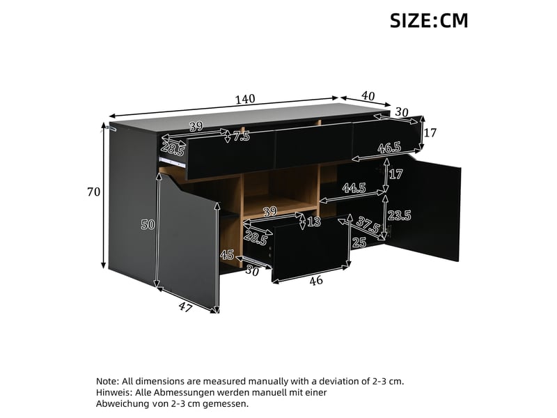  Buffet de salon noir et bois naturel avec led, 4 tiroirs et 2 placards - 140 x 40 x 70 cm  - Conforama E