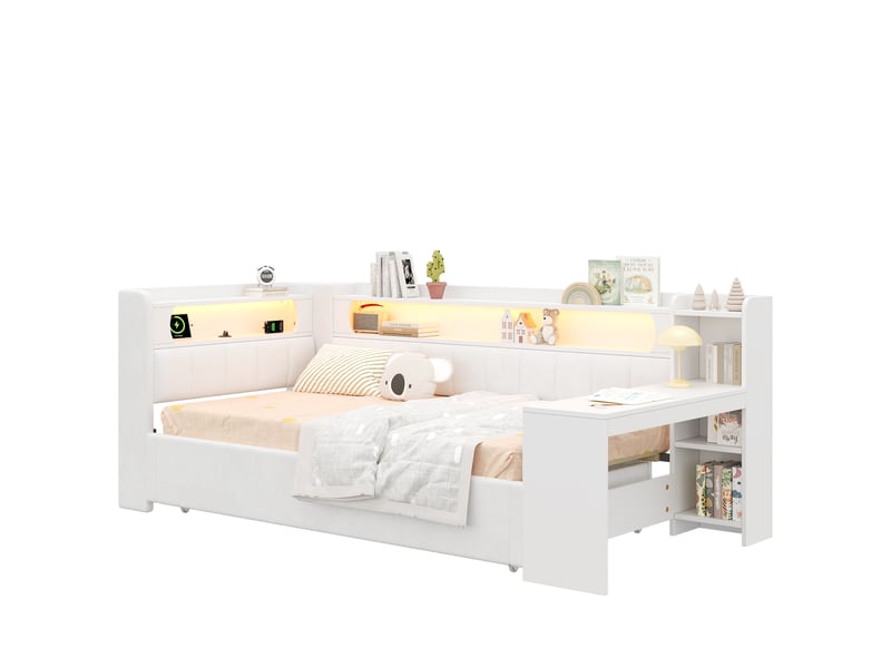 Lit banquette simple 90 × 200 cm extensible 180 × 200 cm, usb, led réglable et bureau, sans matelas, blanc - Conforama A